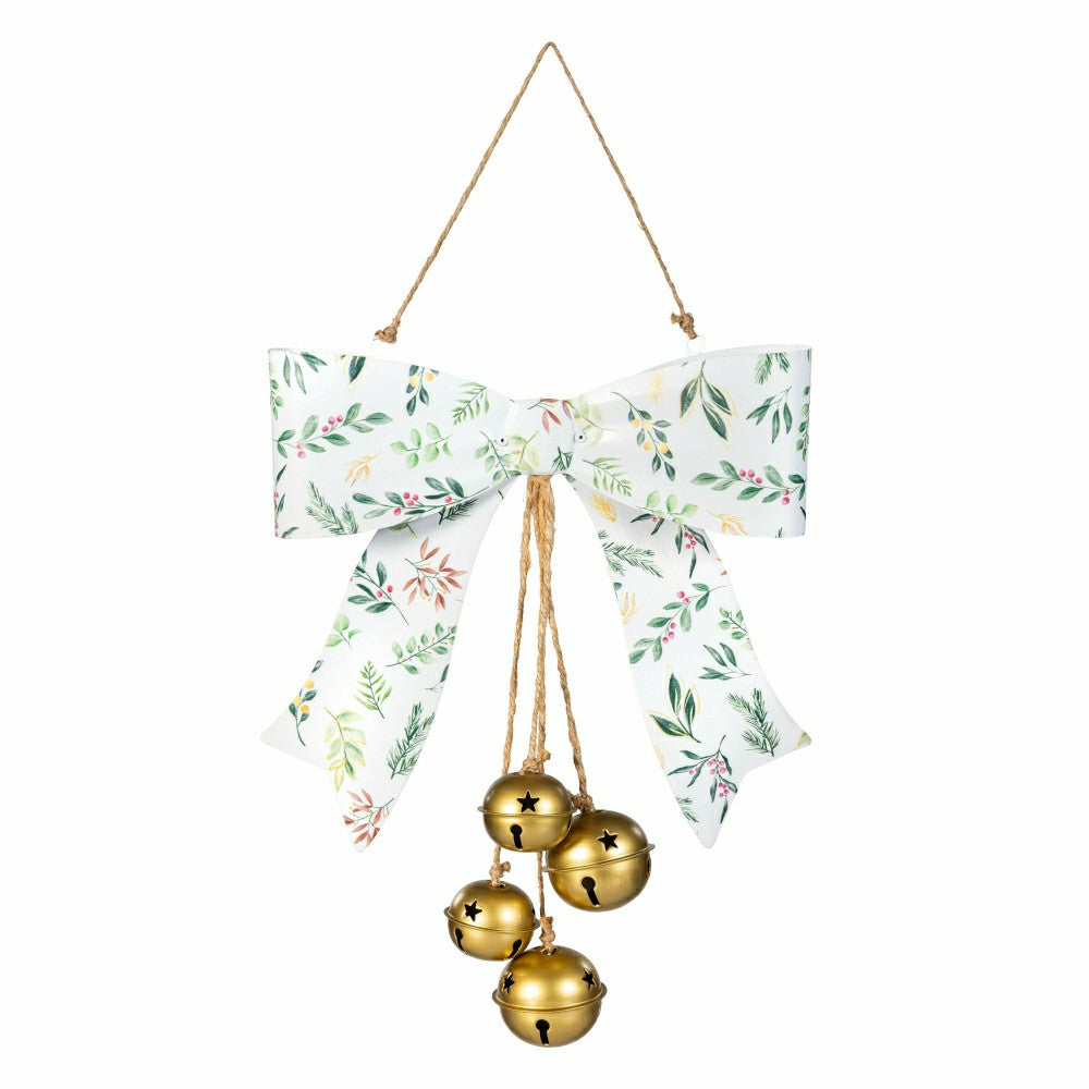 Shades of Emerald Hanging Wall Decor, Bow with Hanging Jingle Bells, A | Plow & Hearth