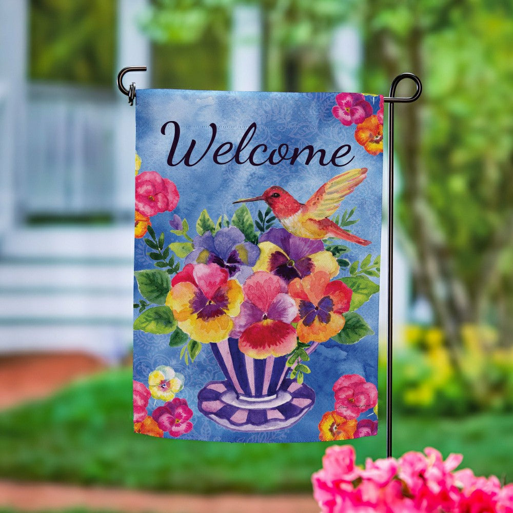 Pansies & Hummingbird Tea Cup Suede Garden Flag | Plow & Hearth