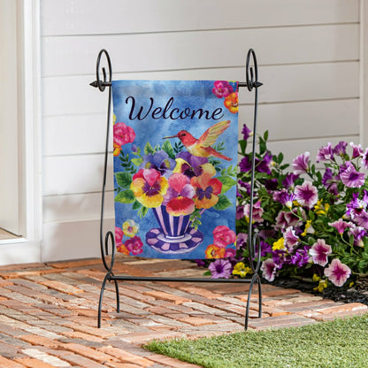 Pansies & Hummingbird Tea Cup Suede Garden Flag | Plow & Hearth