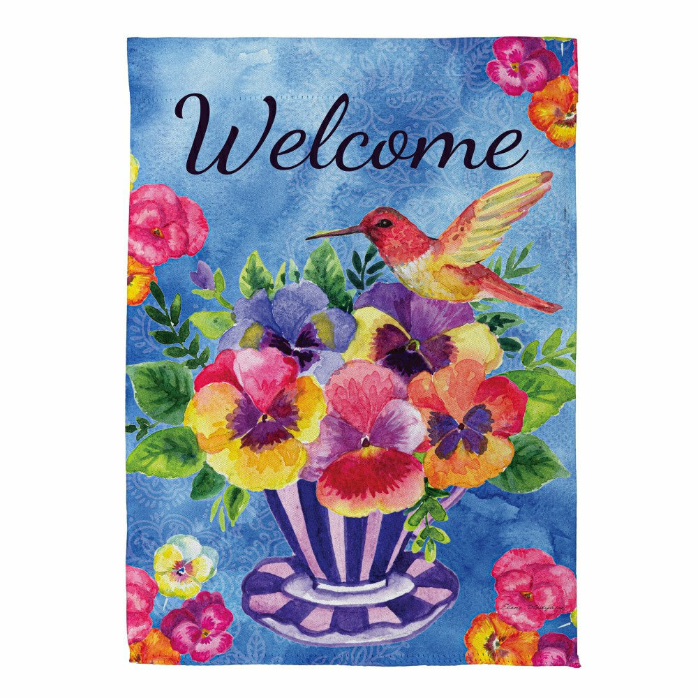 Pansies & Hummingbird Tea Cup Suede Garden Flag | Plow & Hearth