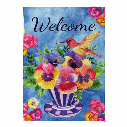 Pansies & Hummingbird Tea Cup Suede Garden Flag | Plow & Hearth