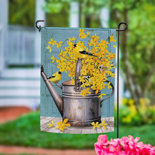 Forsythia Finch Watering Can Suede Garden Flag | Plow & Hearth