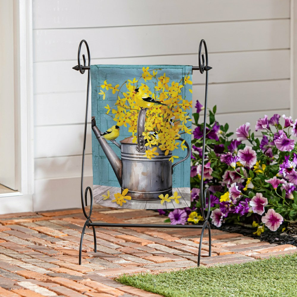 Forsythia Finch Watering Can Suede Garden Flag | Plow & Hearth