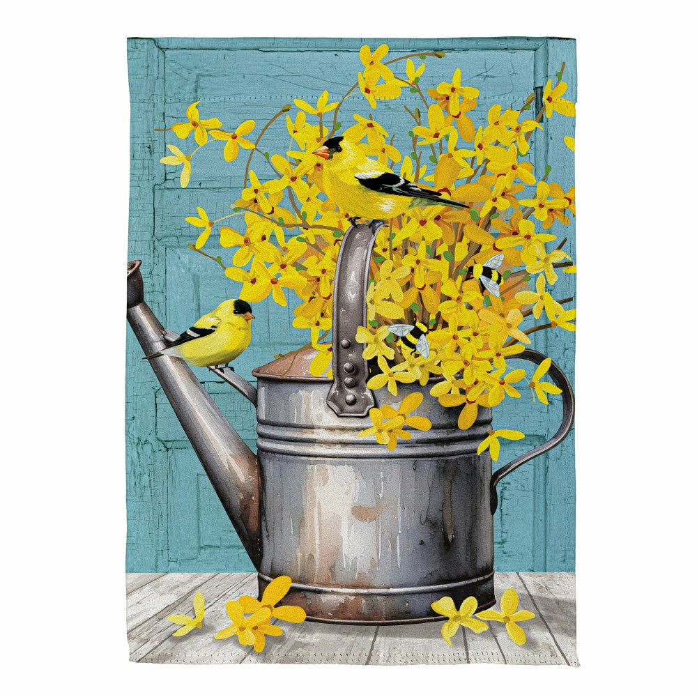 Forsythia Finch Watering Can Suede Garden Flag | Plow & Hearth