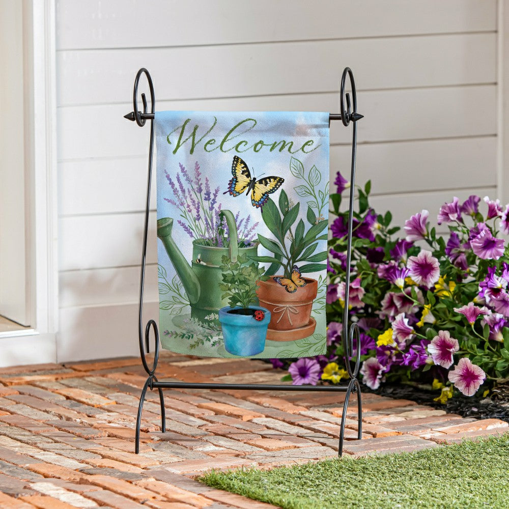 Cottage Garden Watering Can & Plants Suede Garden Flag | Plow & Hearth