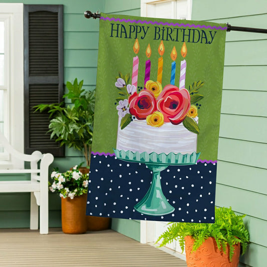 Floral Happy Birthday Cake Burlap House Flag | Plow & Hearth
