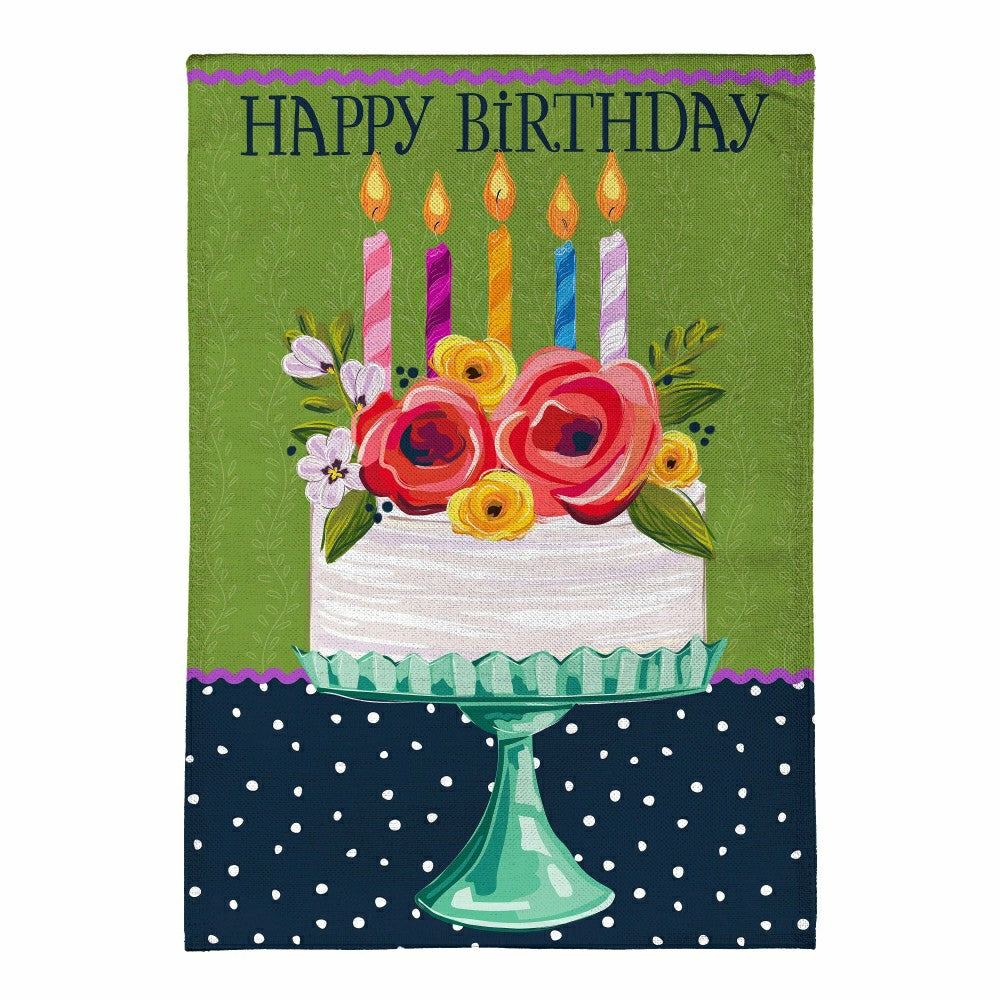 Floral Happy Birthday Cake Burlap House Flag | Plow & Hearth