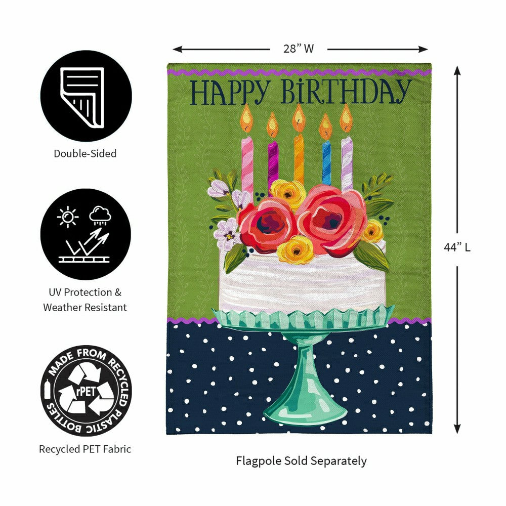 Floral Happy Birthday Cake Burlap House Flag | Plow & Hearth