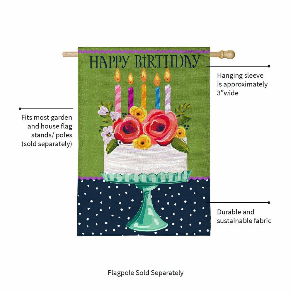 Floral Happy Birthday Cake Burlap House Flag | Plow & Hearth