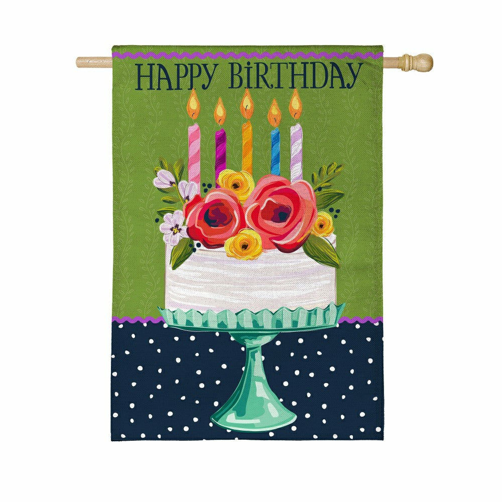 Floral Happy Birthday Cake Burlap House Flag | Plow & Hearth