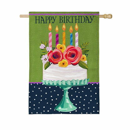 Floral Happy Birthday Cake Burlap House Flag | Plow & Hearth