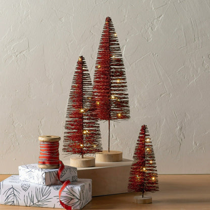 Red Wooden LED Tabletop Holiday Trees, Set of 3 | Plow & Hearth