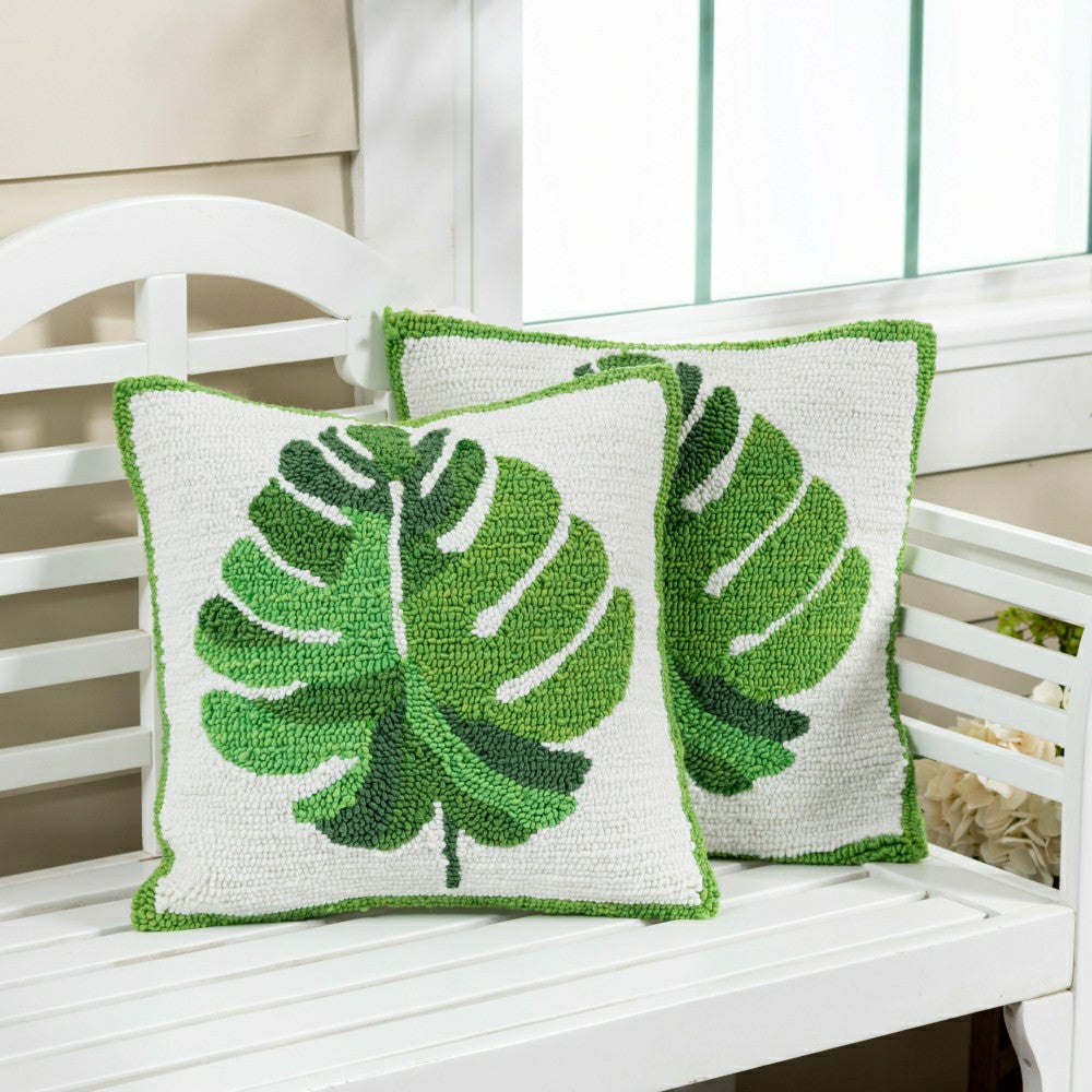 Monstera Leaf Indoor/Outdoor Hooked Pillow 18"x18" | Plow & Hearth