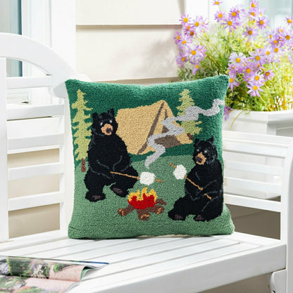 Campfire Bears Hooked Pillow | Plow & Hearth