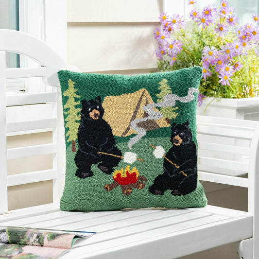 Campfire Bears Hooked Pillow | Plow & Hearth