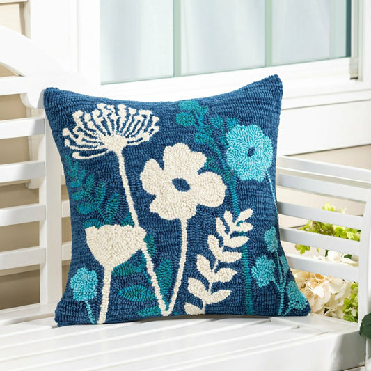 VivaStyle Gilded Meadow Indoor/Outdoor Hooked Pillow, Blue Wildflowers | Plow & Hearth