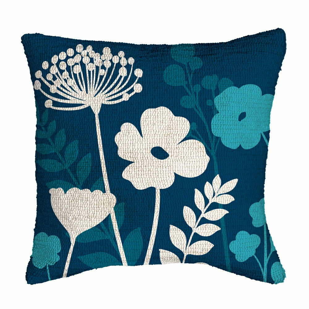 VivaStyle Gilded Meadow Indoor/Outdoor Hooked Pillow, Blue Wildflowers | Plow & Hearth