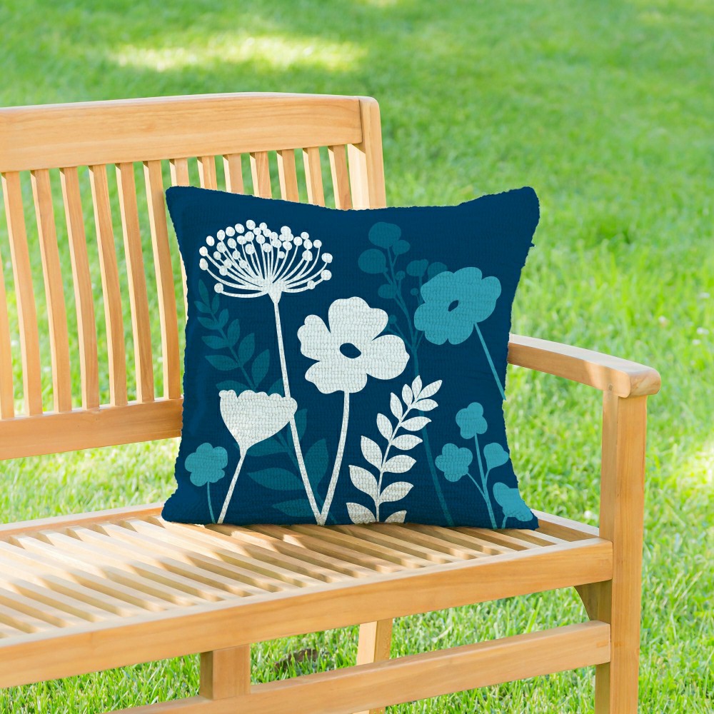 VivaStyle Gilded Meadow Indoor/Outdoor Hooked Pillow, Blue Wildflowers | Plow & Hearth