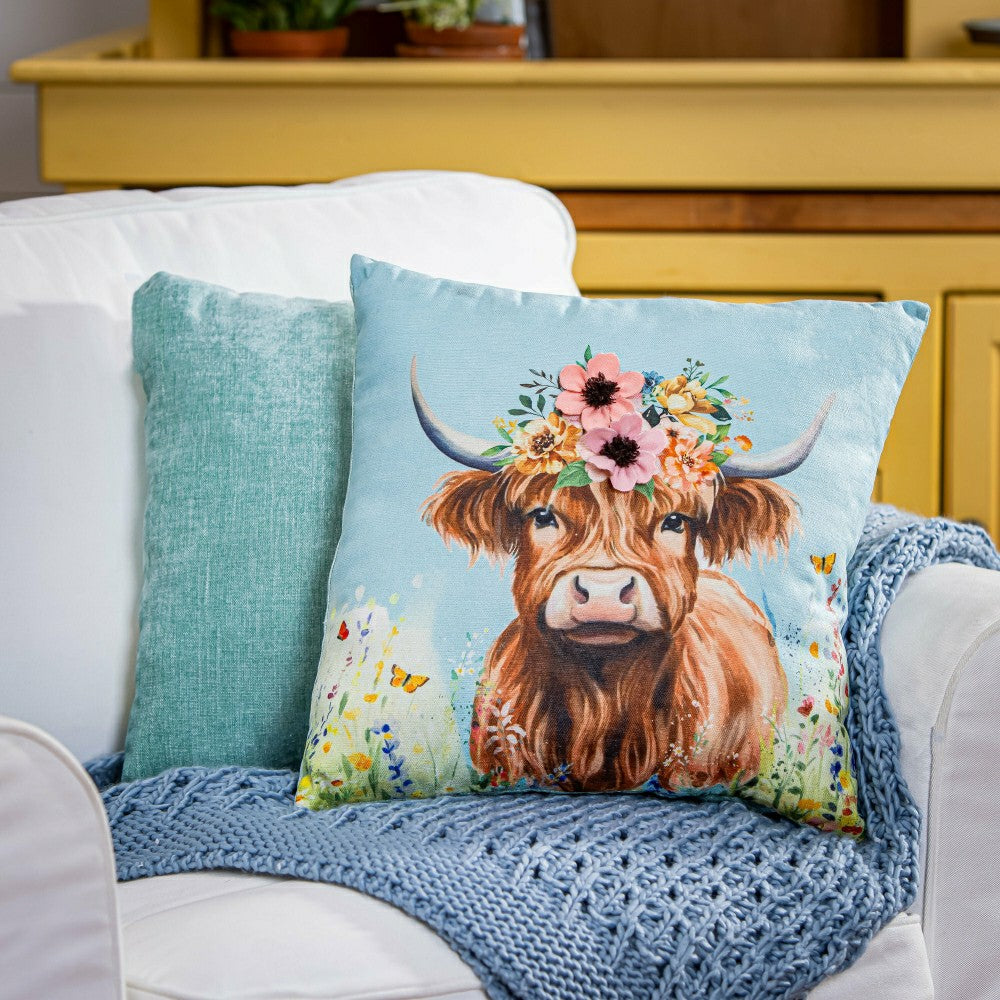 Hillside Pasture Throw Pillow Square Farm Highland Cow, 16" | Plow & Hearth