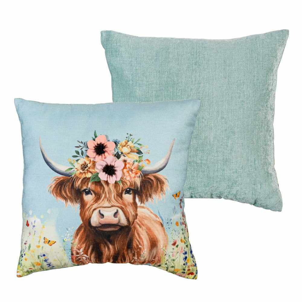 Hillside Pasture Throw Pillow Square Farm Highland Cow, 16" | Plow & Hearth