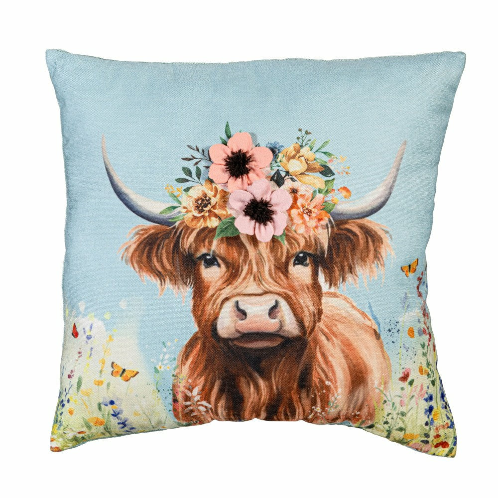 Hillside Pasture Throw Pillow Square Farm Highland Cow, 16" | Plow & Hearth