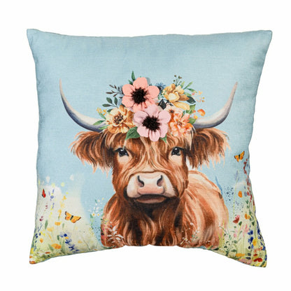 Hillside Pasture Throw Pillow Square Farm Highland Cow, 16" | Plow & Hearth