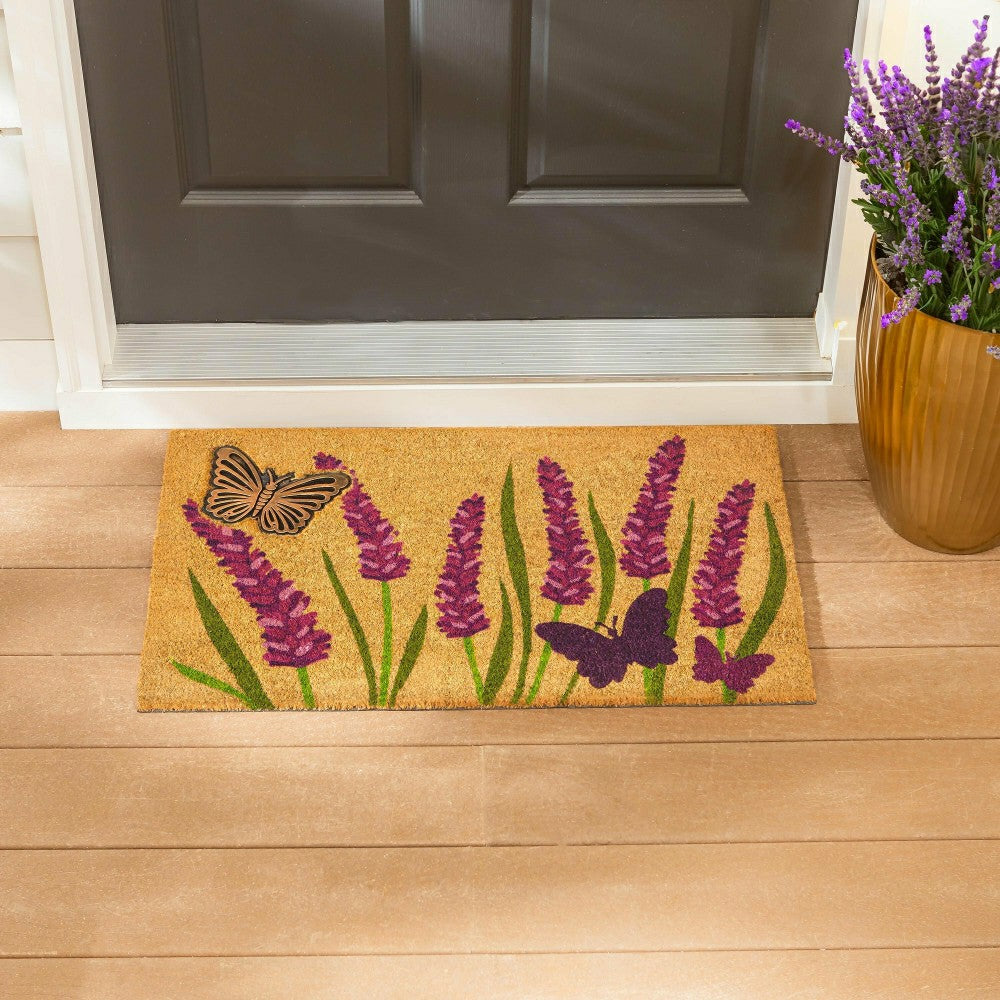 Lavender Field of Dreams Coir Mat with Rubber Embossed Butterfly | Plow & Hearth