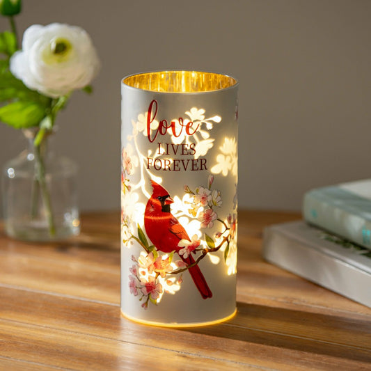 Memorial LED Table Decor Glass Lasercut Cardinal "Love Lives Forever,  | Plow & Hearth