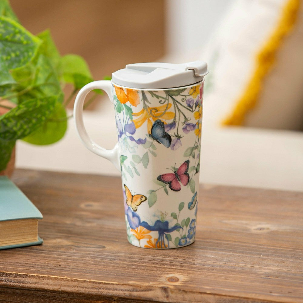 Ceramic Travel Cup, 17 OZ. ,w/box, Cottage Meadows | Plow & Hearth