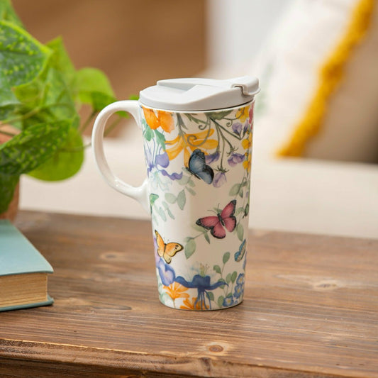 Ceramic Travel Cup, 17 OZ. ,w/box, Cottage Meadows | Plow & Hearth
