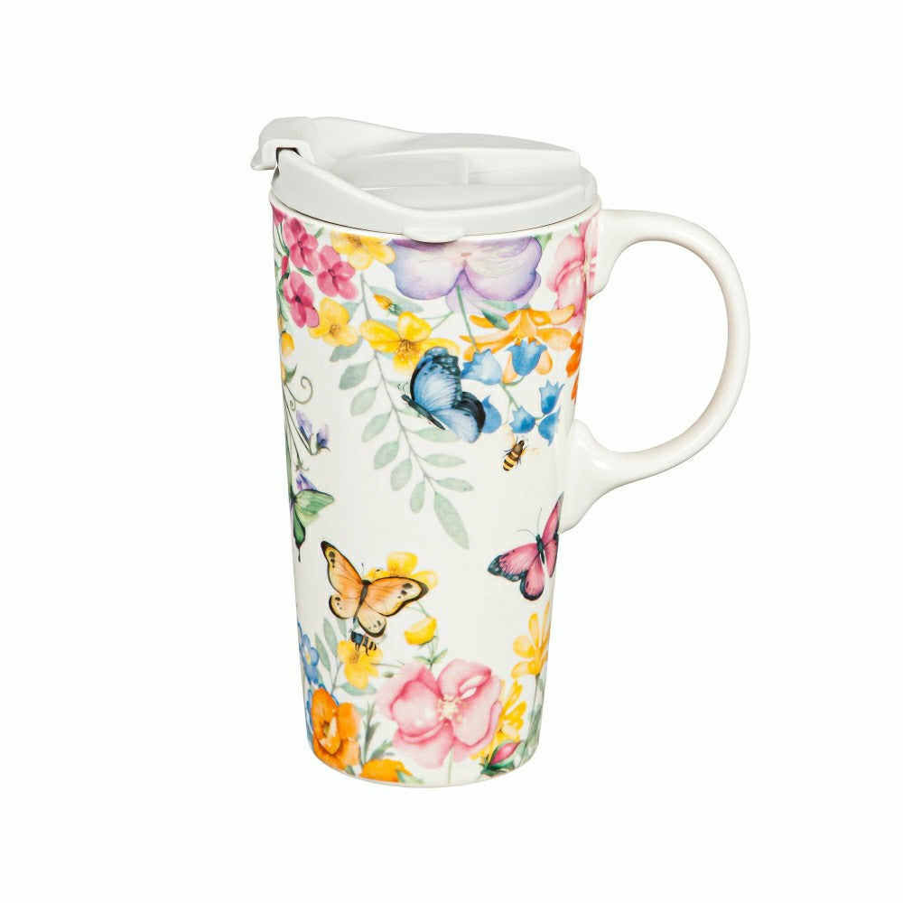 Ceramic Travel Cup, 17 OZ. ,w/box, Cottage Meadows | Plow & Hearth