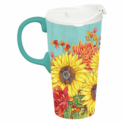 Ceramic Perfect Travel Cup, 17oz, w/ Gift Box, Sunflower Bouquets | Plow & Hearth