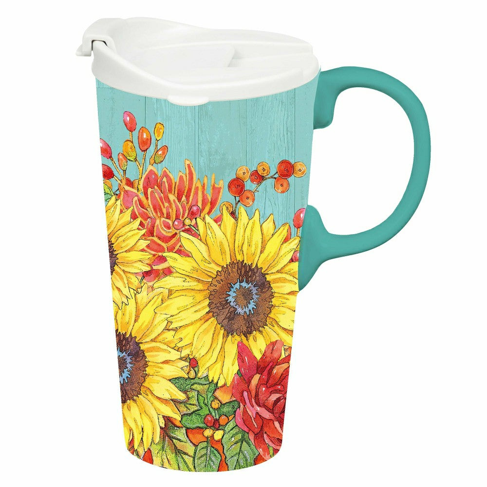 Ceramic Perfect Travel Cup, 17oz, w/ Gift Box, Sunflower Bouquets | Plow & Hearth