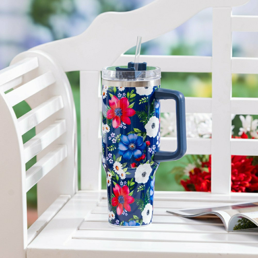 Red White & Bloom Tumbler Stainless Steel Canyon Cup with Straw, Flora | Plow & Hearth