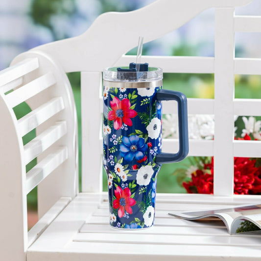 Red White & Bloom Tumbler Stainless Steel Canyon Cup with Straw, Flora | Plow & Hearth