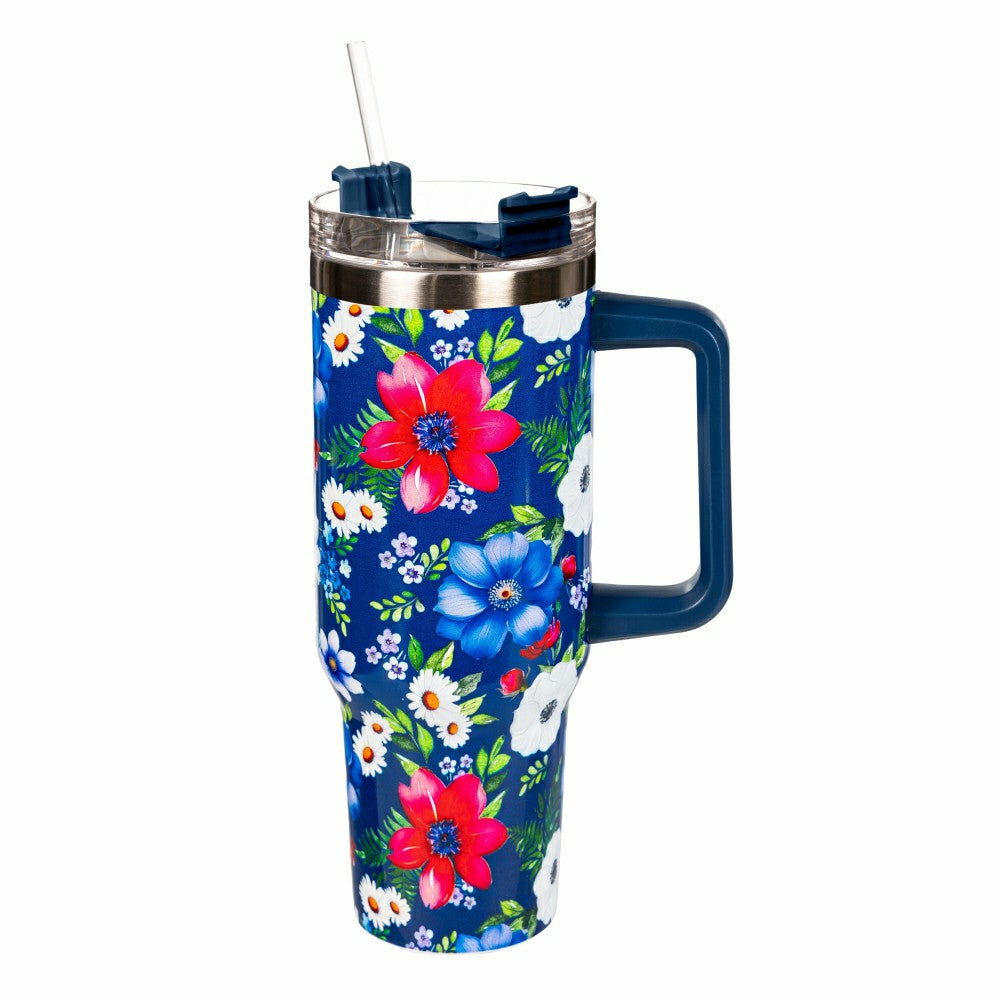 Red White & Bloom Tumbler Stainless Steel Canyon Cup with Straw, Flora | Plow & Hearth