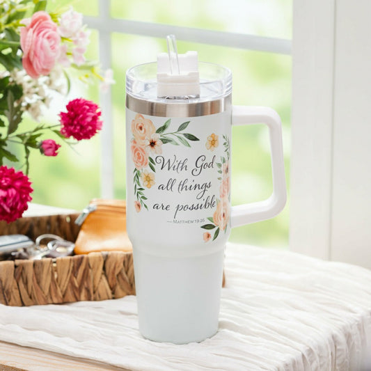Simple Blessings Tumbler Stainless Steel Trenta Cup, With God all thin | Plow & Hearth