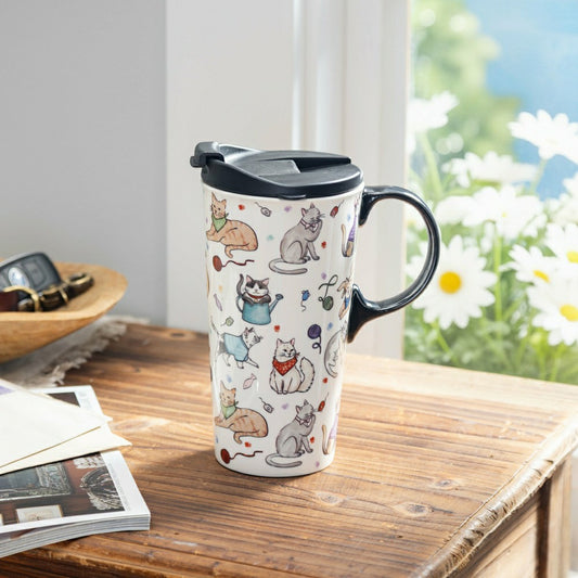 Hillside Pasture Pet Travel Cup Ceramic Perfect Cup, Cats Playing, 17o | Plow & Hearth