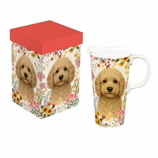 Hillside Pasture Pet Travel Cup Ceramic Perfect Cup, Golden Doodle Dog | Plow & Hearth