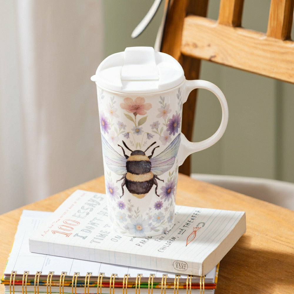 Cottage Garden Travel Cup Ceramic Perfect Cup, Floral Bee, 17oz, Gift  | Plow & Hearth