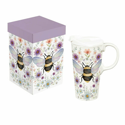 Cottage Garden Travel Cup Ceramic Perfect Cup, Floral Bee, 17oz, Gift  | Plow & Hearth