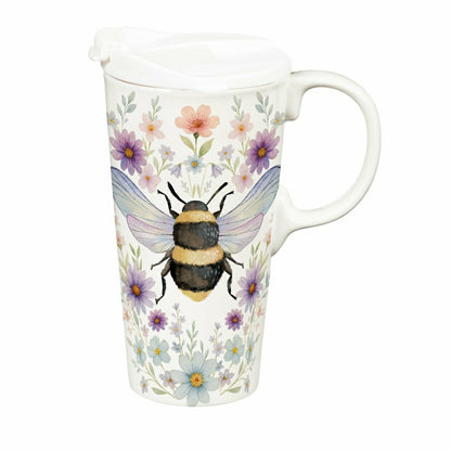 Cottage Garden Travel Cup Ceramic Perfect Cup, Floral Bee, 17oz, Gift  | Plow & Hearth