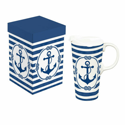 Seaside Retreat Travel Cup Ceramic Perfect Cup, Anchor, 17oz, Gift Box | Plow & Hearth