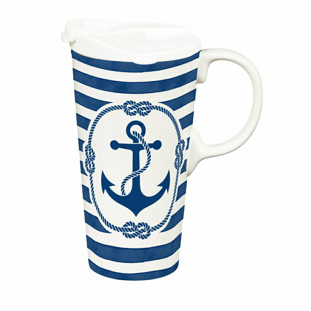 Seaside Retreat Travel Cup Ceramic Perfect Cup, Anchor, 17oz, Gift Box | Plow & Hearth