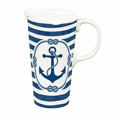 Seaside Retreat Travel Cup Ceramic Perfect Cup, Anchor, 17oz, Gift Box | Plow & Hearth