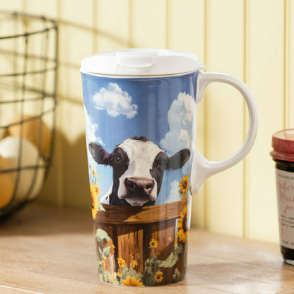 Hillside Pasture Travel Cup Ceramic Perfect Cup, Cow Behind Fence, 17o | Plow & Hearth