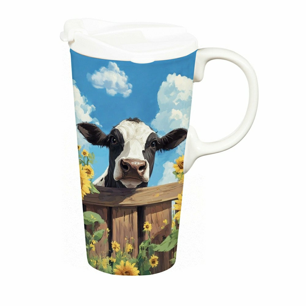 Hillside Pasture Travel Cup Ceramic Perfect Cup, Cow Behind Fence, 17o | Plow & Hearth