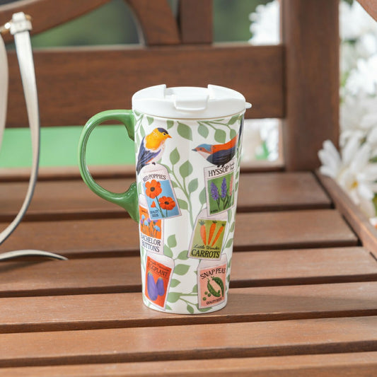 Cottage Garden Travel Cup Ceramic Perfect Cup, Colorful Birds, 17oz, G | Plow & Hearth