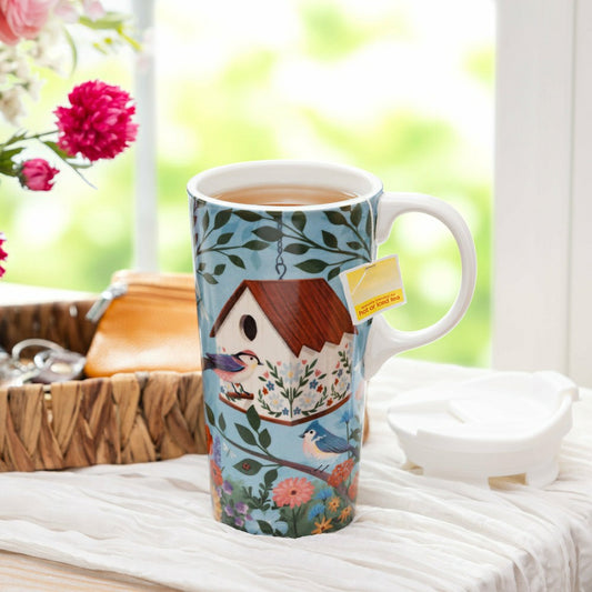 Cottage Garden Travel Cup Ceramic Perfect Cup, Birdhouse, 17oz, Gift B | Plow & Hearth