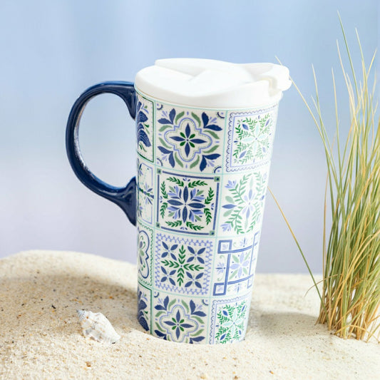 Seaside Retreat Travel Cup Ceramic Perfect Cup, Floral Tiles, 17oz, Gi | Plow & Hearth